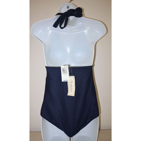 Shoshanna 21TX7455 Women's Sz 6 Navy Textured Tied One Piece Swimsuit $235 - Picture 2 of 8